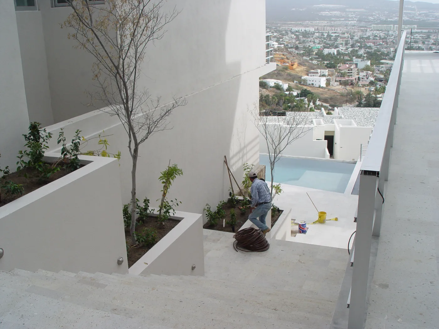Early landscaped stairs and walkways between the residences
